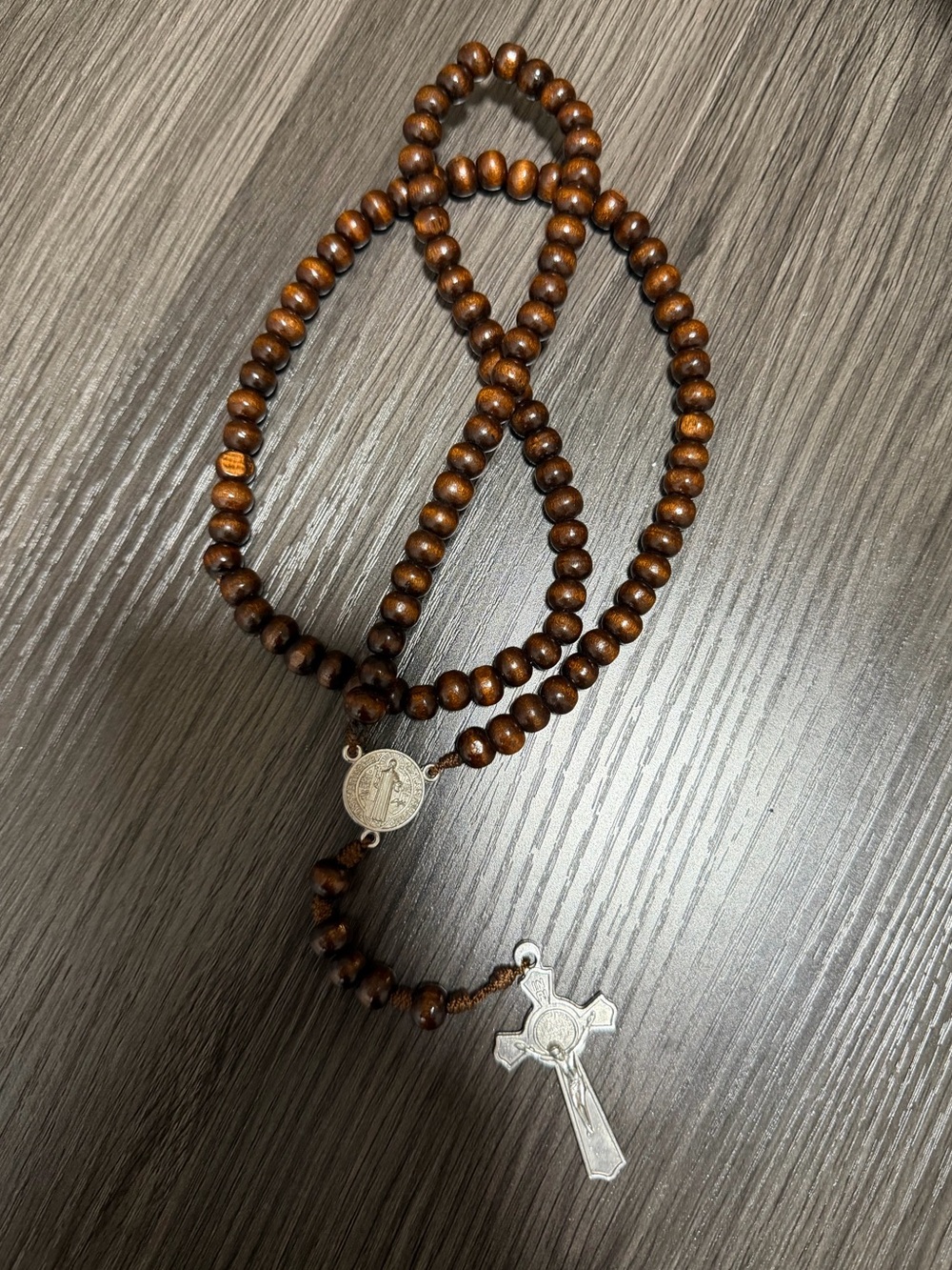 Brown Wooden Bead Rosary Necklace with Silver Cross